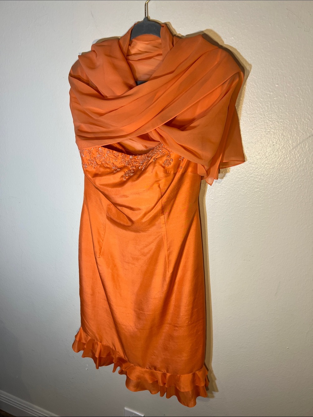 Kay Unger Strapless Orange Raw Silk Cocktail Dress w Large Chiffon Shawl Scarf 6 - Picture 7 of 8